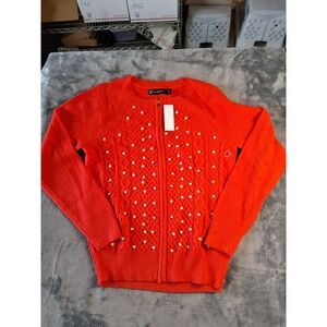 New York & Company Orange Pearl Rhinestone Zip Front Cable Knit Cardigan Small‎